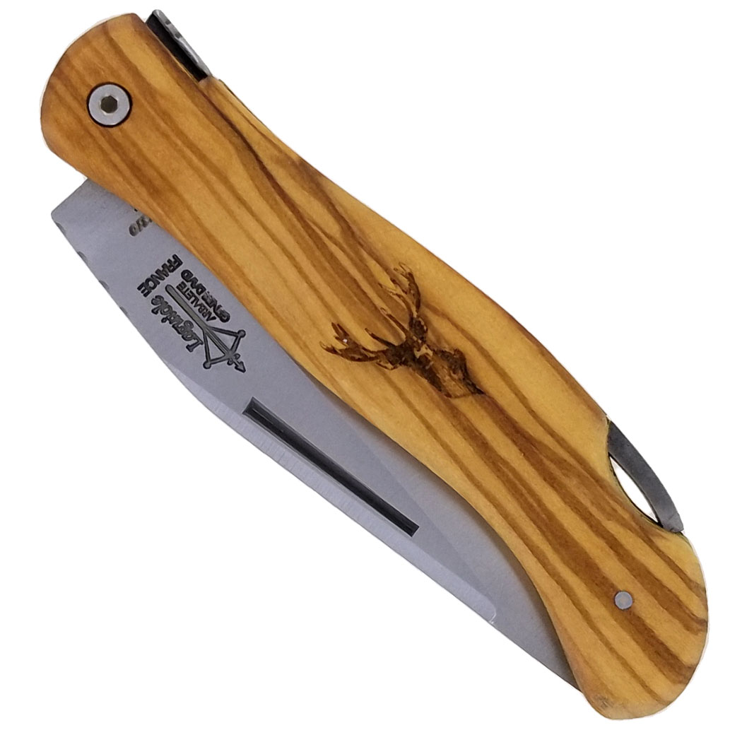 Couteau De Chasse Cube Laguiole Arbalete Plein Manche Olivier Avec Gravure Tete De Cerf 12cm 00