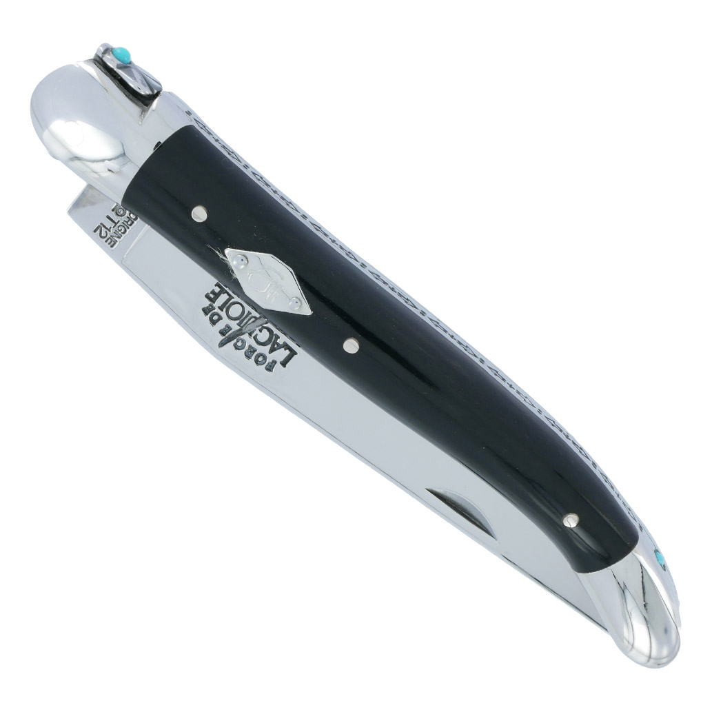 Couteau Forge De Laguiole Eddy Mitchell Buffle 2 Mitres Inox Brillant Ressort 2 Perles Turquoise Plaque Avec Initiales Du Chanteur 1 Piece Finition Brillante 11cm 00