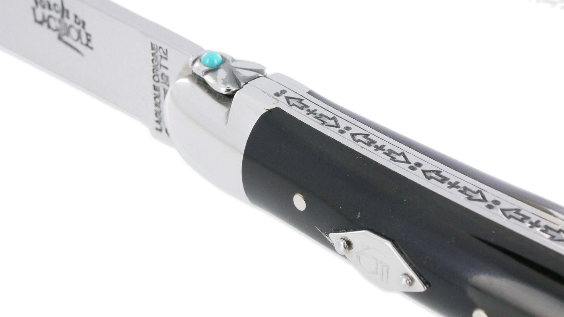 Couteau Forge De Laguiole Eddy Mitchell Buffle 2 Mitres Inox Brillant Ressort 2 Perles Turquoise Plaque Avec Initiales Du Chanteur 1 Piece Finition Brillante 11cm 03