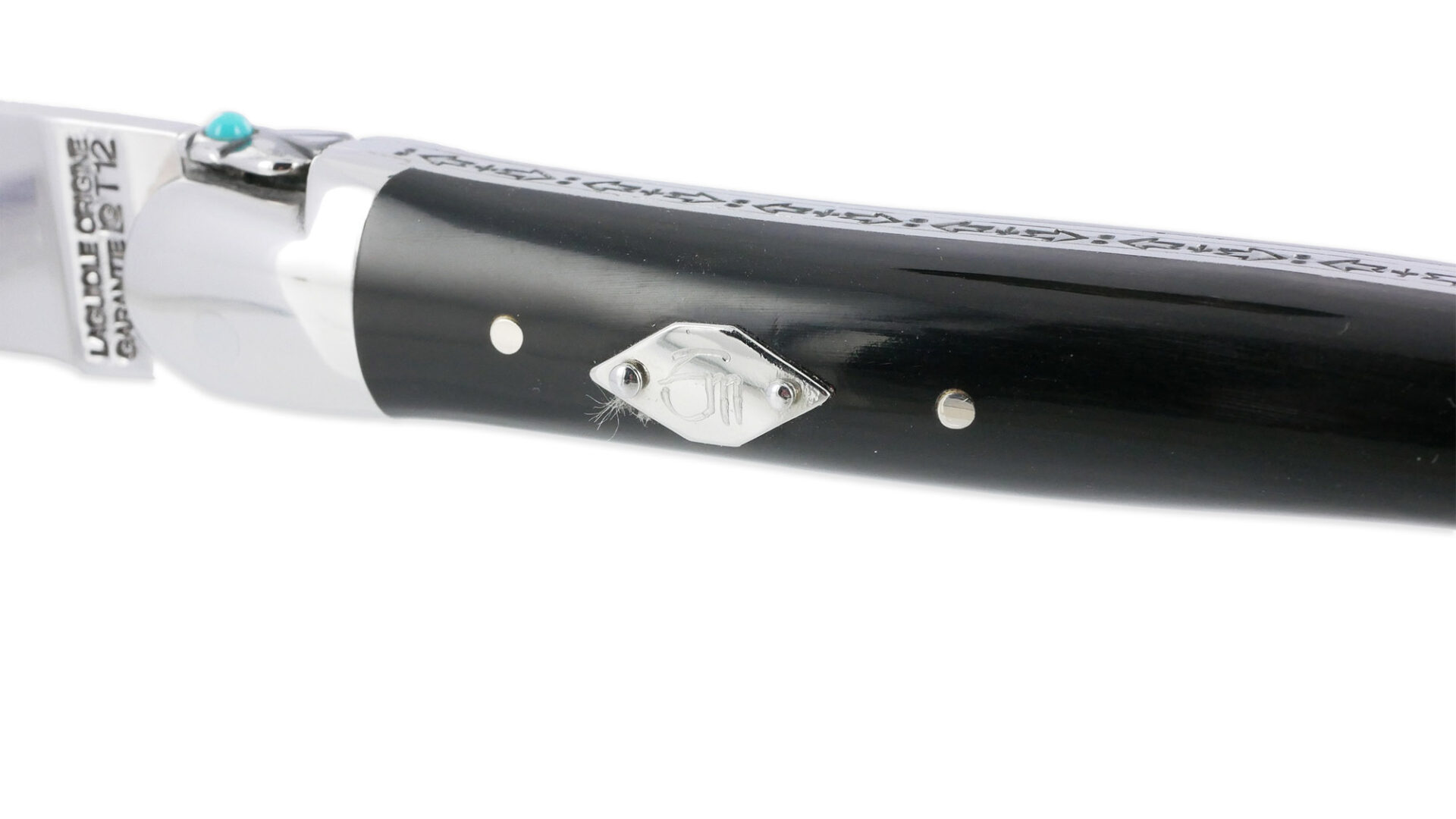 Couteau Forge De Laguiole Eddy Mitchell Buffle 2 Mitres Inox Brillant Ressort 2 Perles Turquoise Plaque Avec Initiales Du Chanteur 1 Piece Finition Brillante 11cm 04