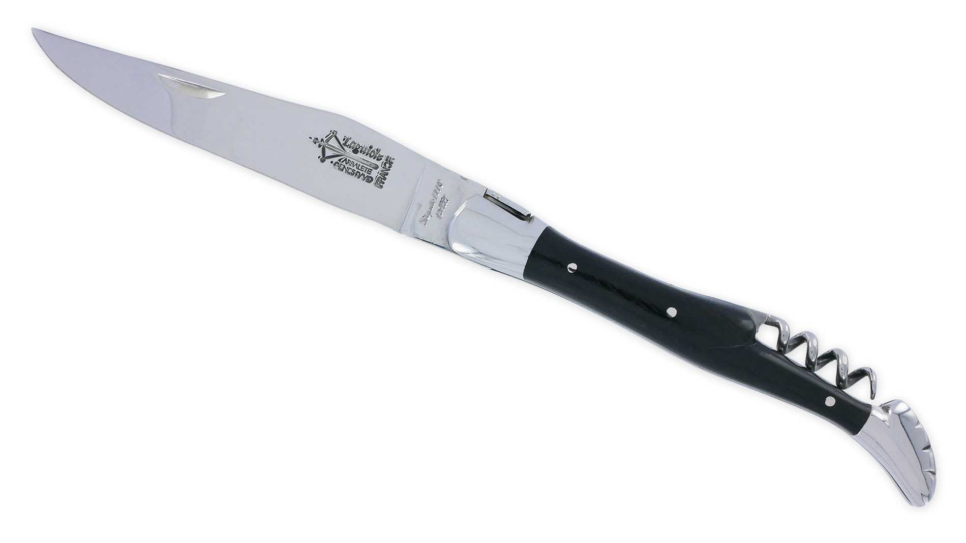 Couteau Laguiole Antan 2 Pieces Manche En Ebene Avec Tire Bouchon 2 Mitres Inox Brillant 12cm 02