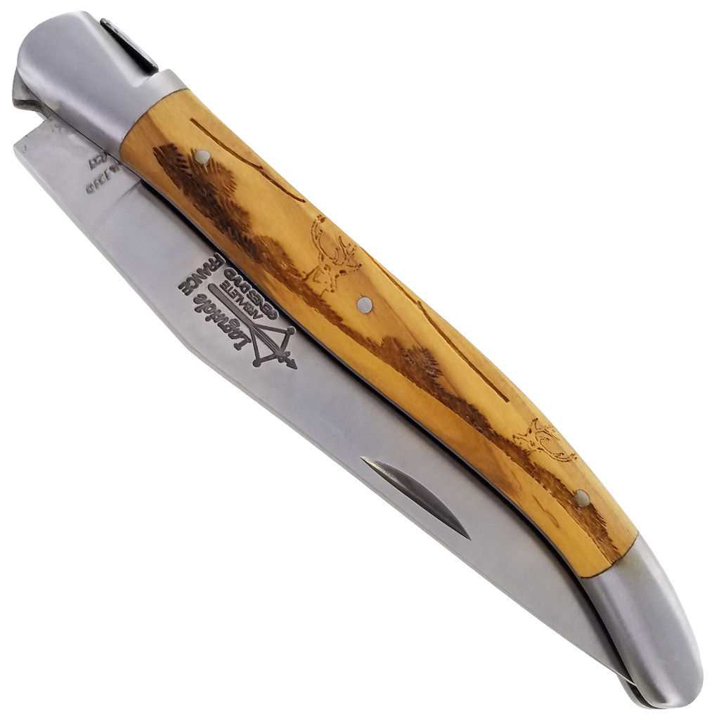 Couteau Laguiole Antan Manche Olivier Gravure Cerf 2 Mitres Inox Brosse 1 Piece 12cm 00
