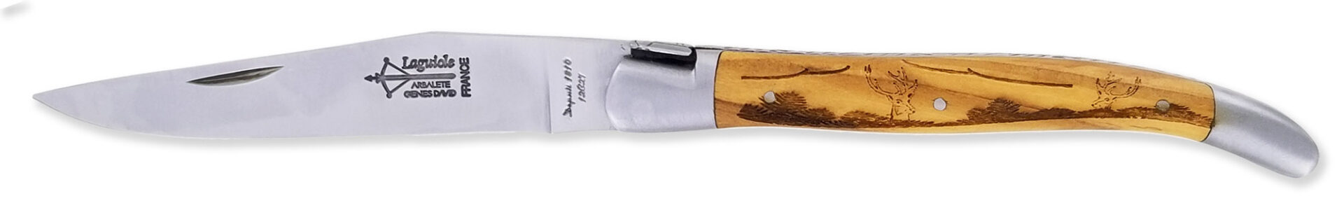Couteau Laguiole Antan Manche Olivier Gravure Cerf 2 Mitres Inox Brosse 1 Piece 12cm 01