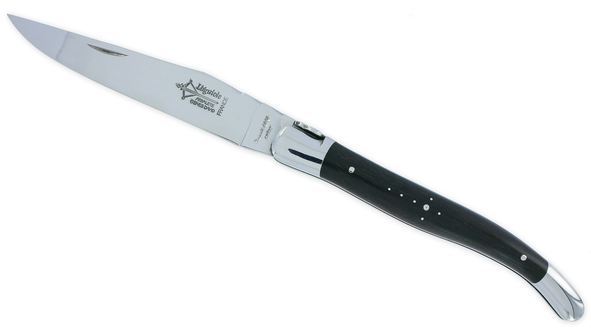 Couteau Laguiole Arbalete Manche Ebene 2 Mitres Inox Brillant Entretoises Rouge 1 Piece 12cm 02