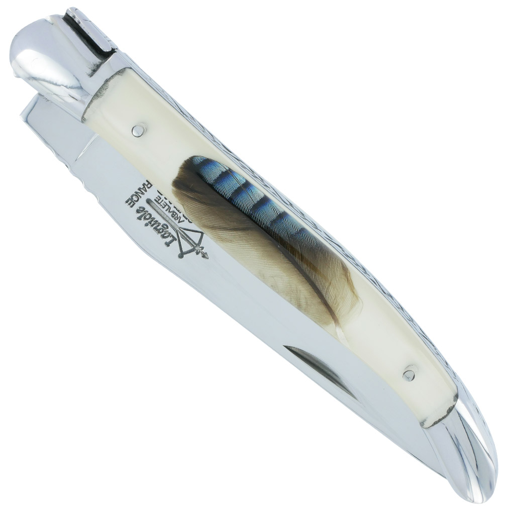 Couteau Laguiole Arbalete Manche En Resine Acrylique Incrustation Plume De Geai Ressort Guilloche 1 Piece 2 Mitres Finition Brillante 12cm 00