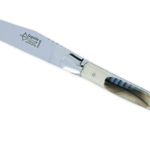 Couteau Laguiole Arbalete Manche En Resine Acrylique Incrustation Plume De Geai Ressort Guilloche 1 Piece 2 Mitres Finition Brillante 12cm 02
