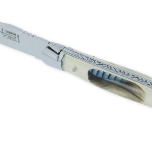 Couteau Laguiole Arbalete Manche En Resine Acrylique Incrustation Plume De Geai Ressort Guilloche 1 Piece 2 Mitres Finition Brillante 12cm 03