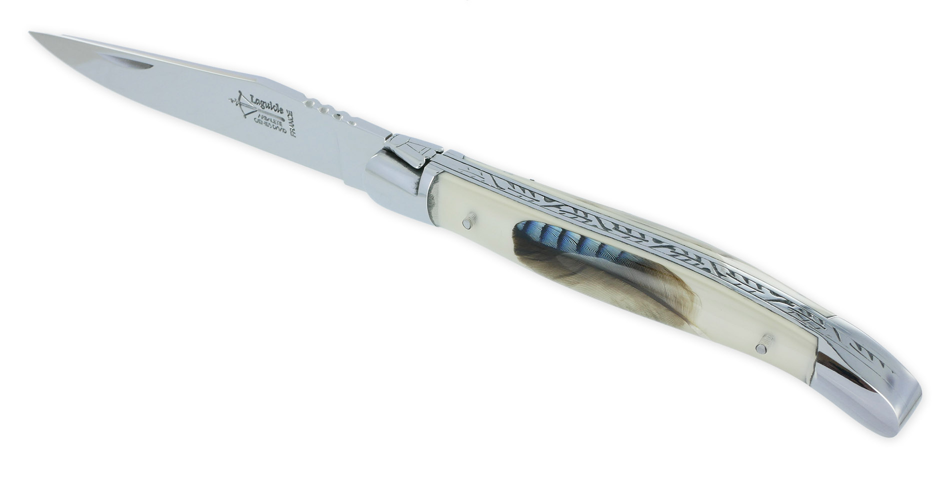 Couteau Laguiole Arbalete Manche En Resine Acrylique Incrustation Plume De Geai Ressort Guilloche 1 Piece 2 Mitres Finition Brillante 12cm 03