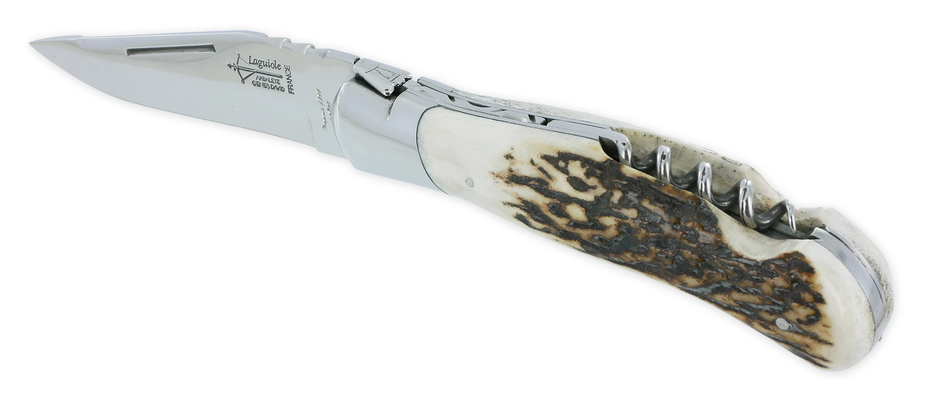 Couteau Laguiole De Chasse Arbalete Avec Tire Bouchon Manche Bois De Cerf 12cm Finition Brillante 01