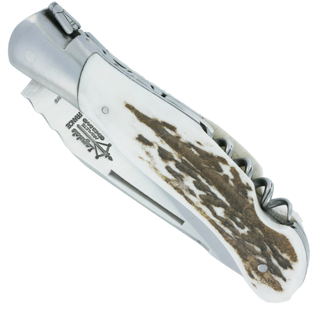 Couteau Laguiole De Chasse Arbalete Avec Tire Bouchon Manche Bois De Cerf 12cm Finition Brosse 00