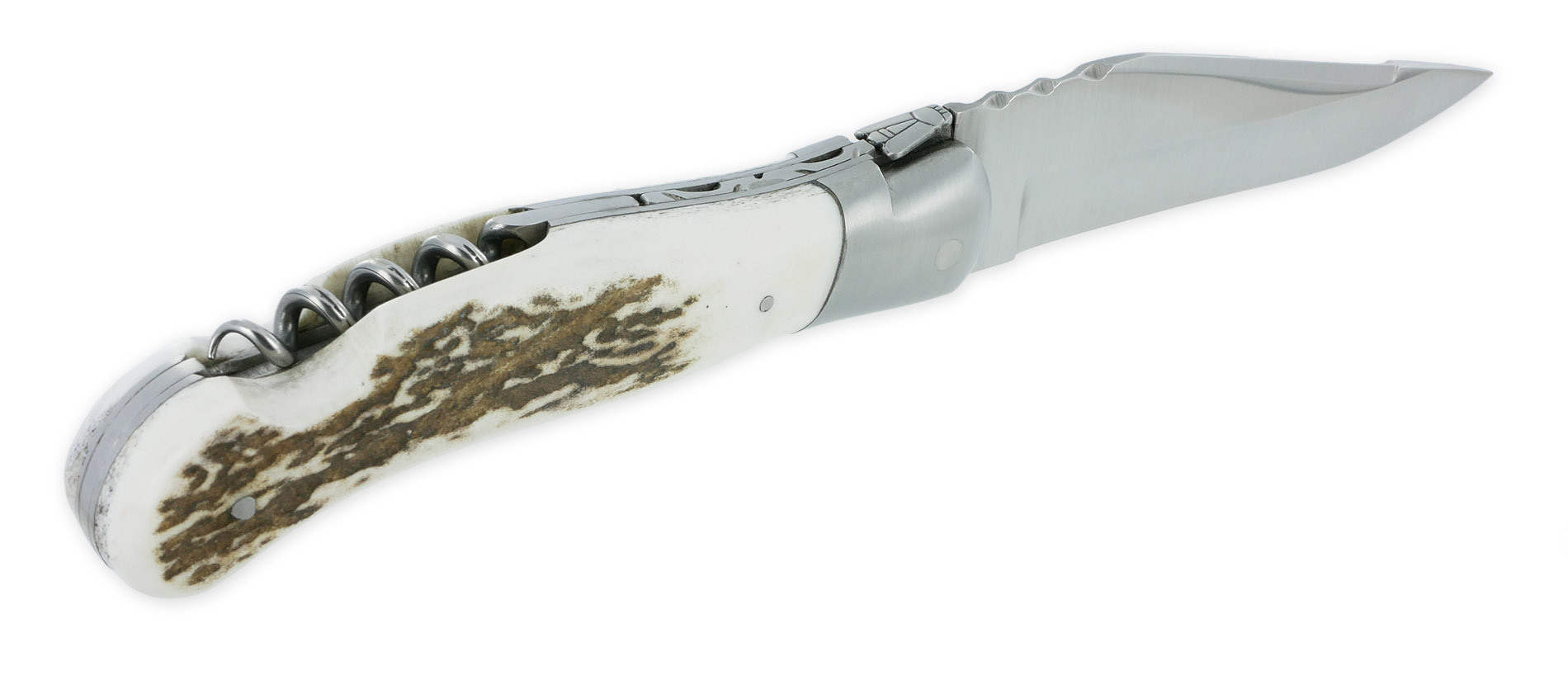 Couteau Laguiole De Chasse Arbalete Avec Tire Bouchon Manche Bois De Cerf 12cm Finition Brosse 03