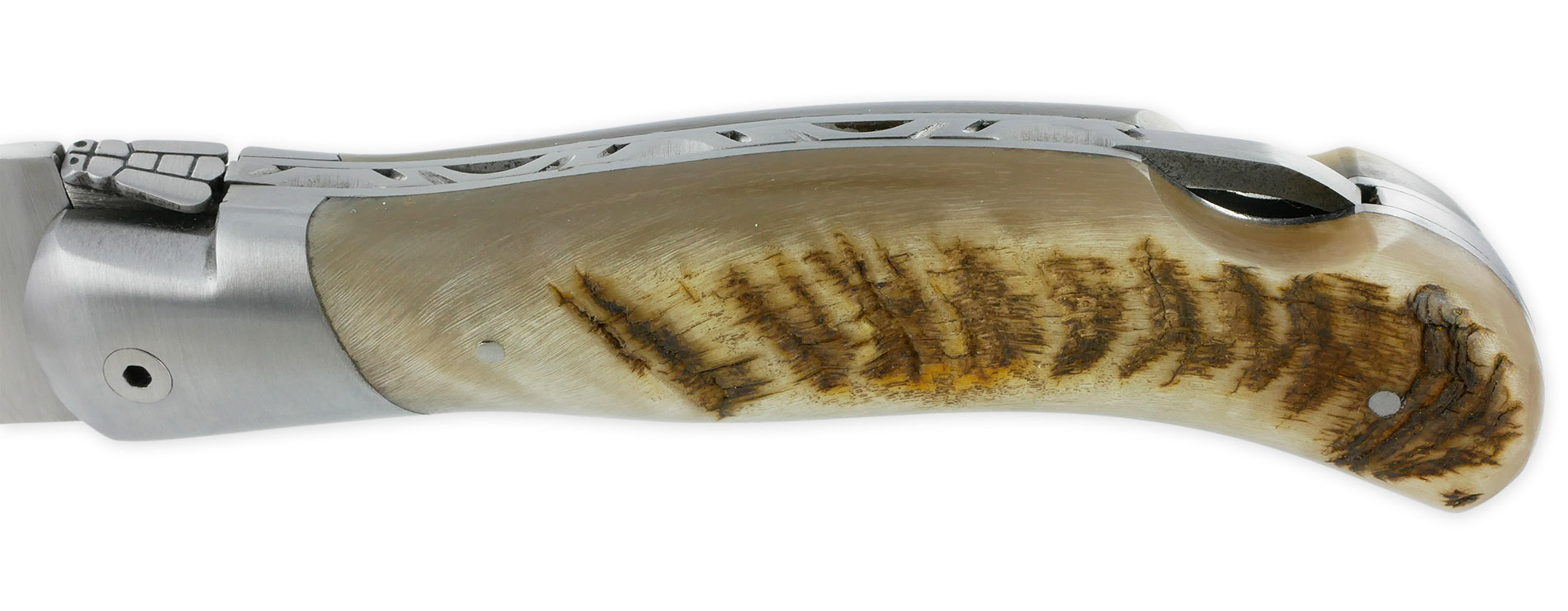 Couteau Laguiole De Chasse Arbalete Manche Croute De Belier Blond Finition Brossee 12cm 04