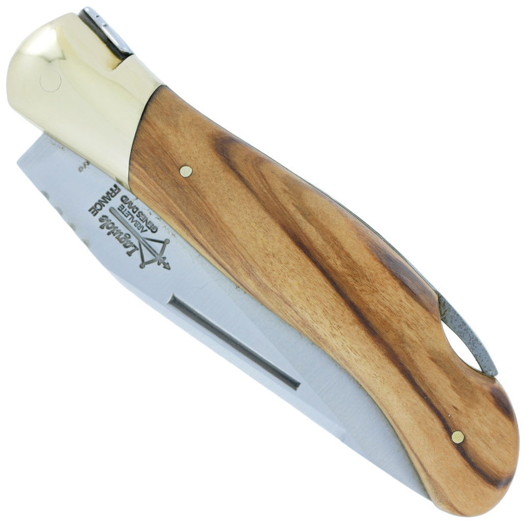 Couteau Laguiole De Chasse Arbalete Manche Olivier Mitre Avant Et Platines Laiton Finition Brillante 12cm 00