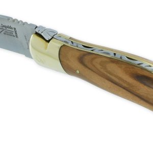 Couteau Laguiole De Chasse Arbalete Manche Olivier Mitre Avant Et Platines Laiton Finition Brillante 12cm 01