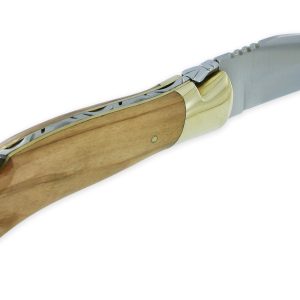 Couteau Laguiole De Chasse Arbalete Manche Olivier Mitre Avant Et Platines Laiton Finition Brillante 12cm 02
