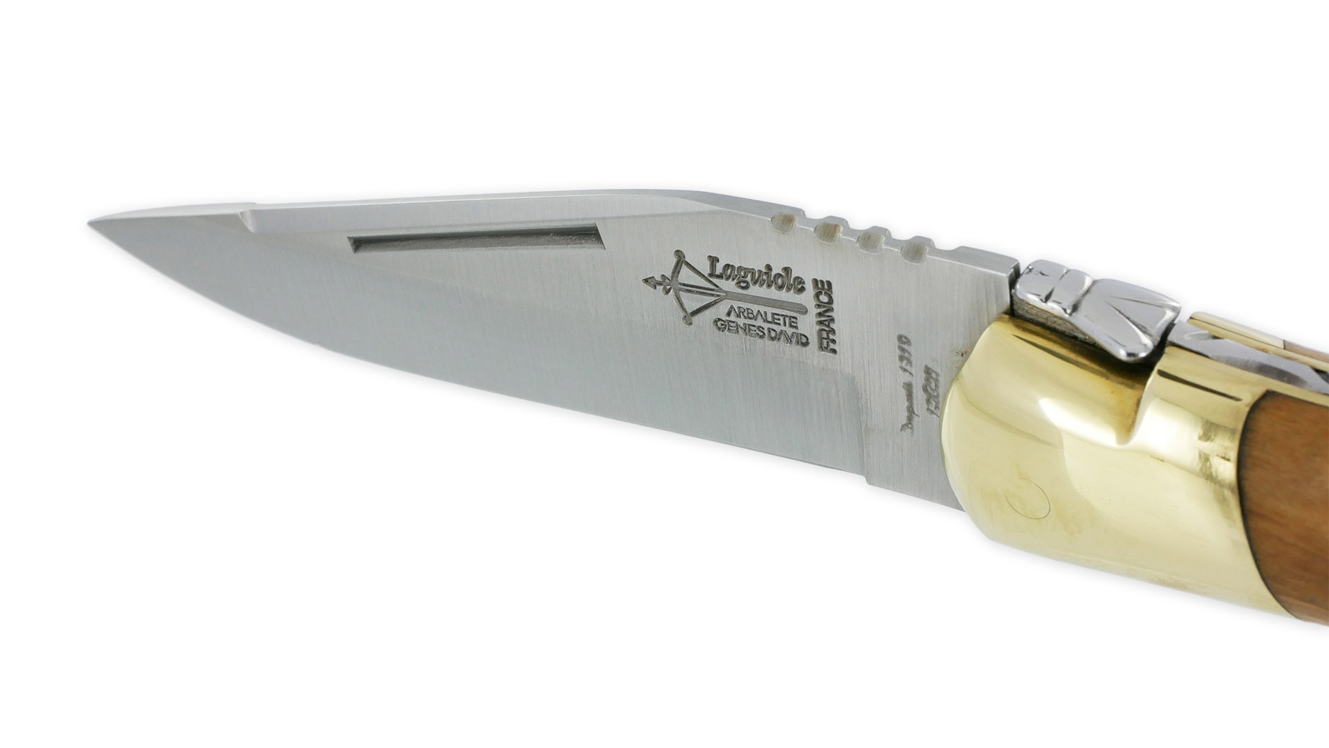Couteau Laguiole De Chasse Arbalete Manche Olivier Mitre Avant Et Platines Laiton Finition Brillante 12cm 03