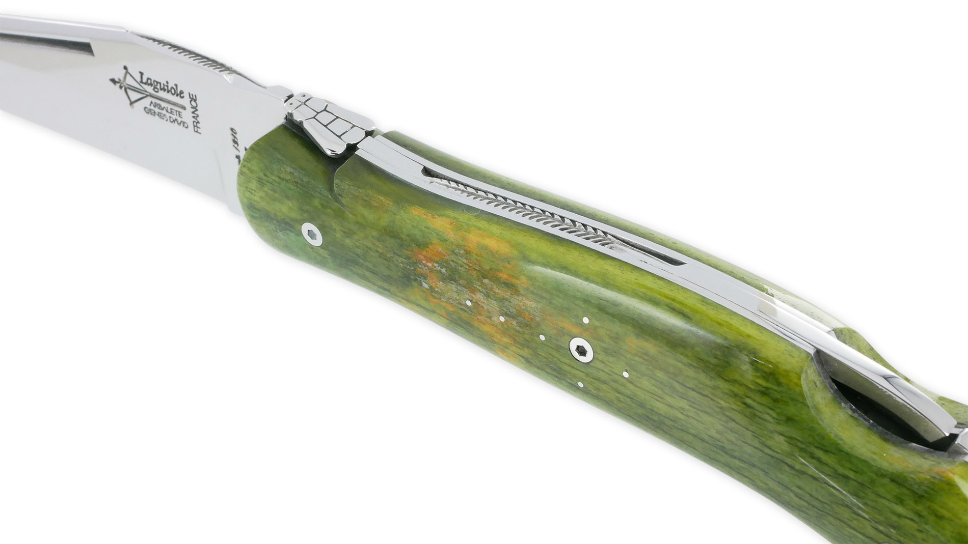 Couteau Laguiole De Chasse Arbalete Manche Os Teinte Safari 12cm Finition Brillante Vert 03