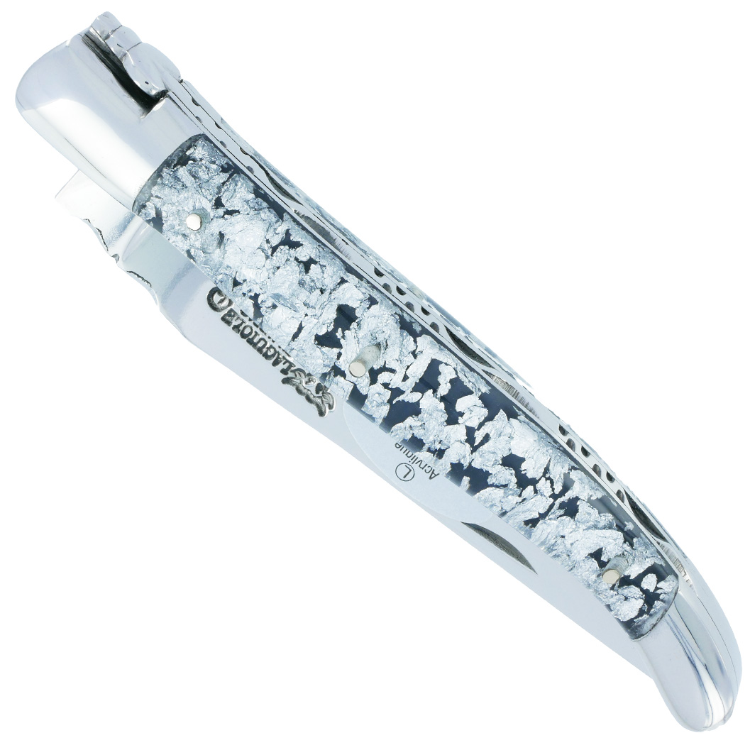 Couteau Laguiole En Aubrac 1 Piece 12 Cm 2 Mitres Inox Manche Acrylique Paillete Argent Finition Brillante 00
