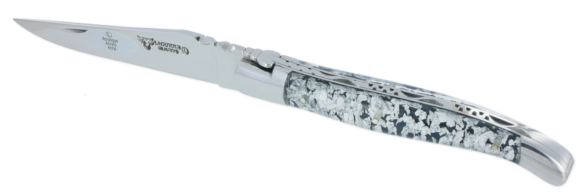 Couteau Laguiole En Aubrac 1 Piece 12 Cm 2 Mitres Inox Manche Acrylique Paillete Argent Finition Brillante 01