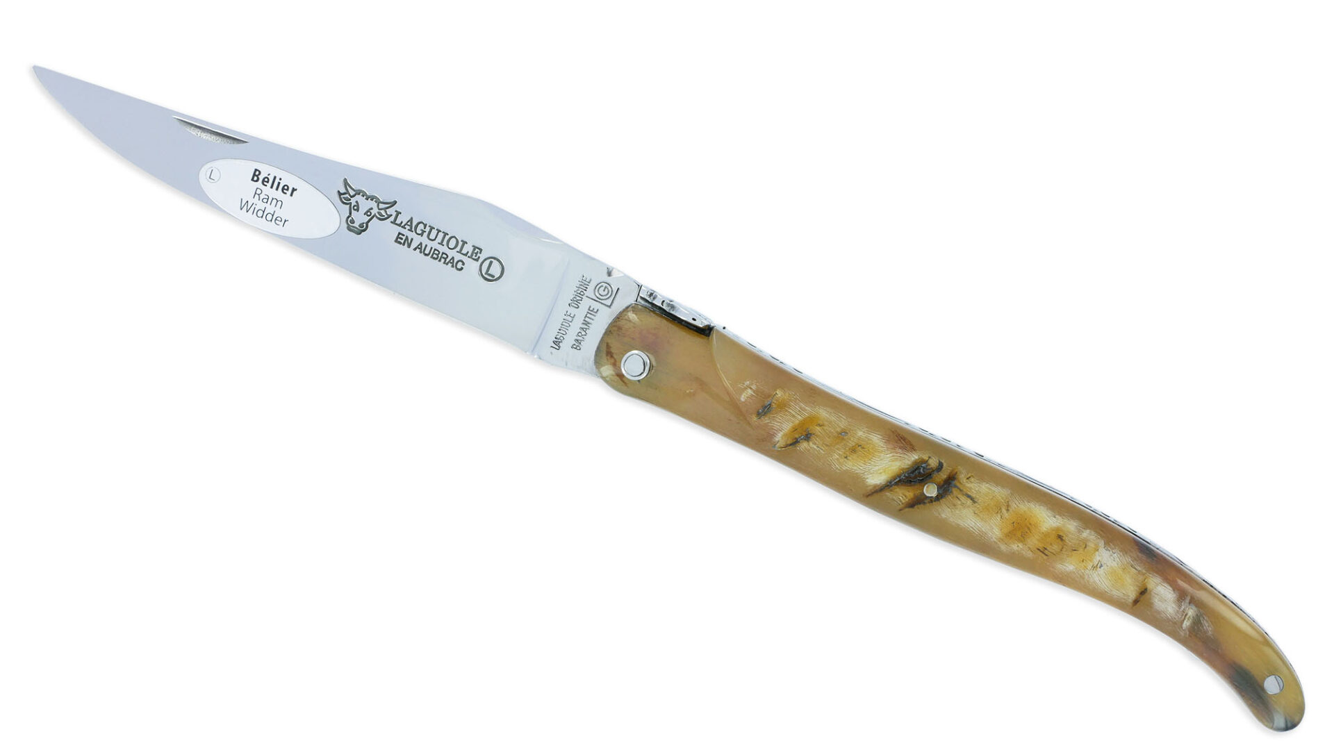 Couteau Laguiole En Aubrac 1 Piece 12 Cm Belier Ecosse Plein Manche Finition Brillante 01