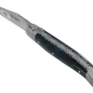 Couteau Laguiole En Aubrac 1 Piece 12 Cm Double Platines Carbone Paillete Bleu Nacre 2 Mitres Inox Brosse Lame Inox Brosse Num3 01