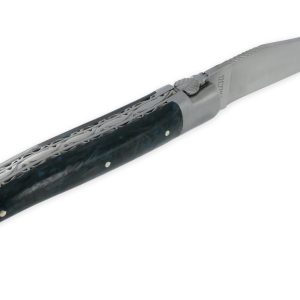 Couteau Laguiole En Aubrac 1 Piece 12 Cm Double Platines Carbone Paillete Bleu Nacre 2 Mitres Inox Brosse Lame Inox Brosse Num3 03