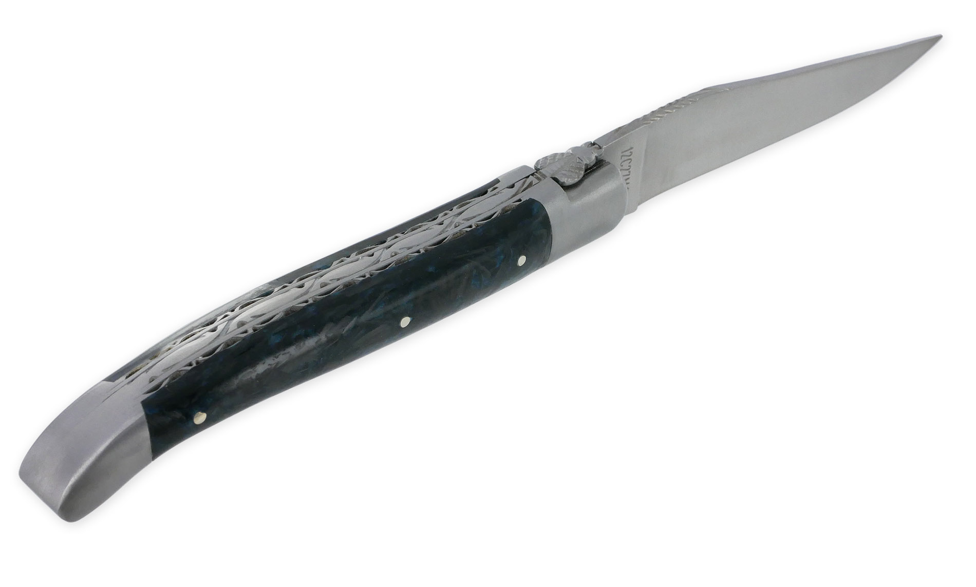 Couteau Laguiole En Aubrac 1 Piece 12 Cm Double Platines Carbone Paillete Bleu Nacre 2 Mitres Inox Brosse Lame Inox Brosse Num3 03