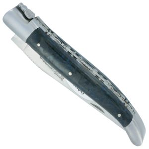 Couteau Laguiole En Aubrac 1 Piece 12 Cm Double Platines Carbone Paillete Bleu Nacre 2 Mitres Inox Brosse Lame Inox Brosse Num 1 00