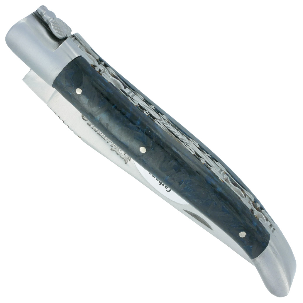 Couteau Laguiole En Aubrac 1 Piece 12 Cm Double Platines Carbone Paillete Bleu Nacre 2 Mitres Inox Brosse Lame Inox Brosse Num 1 00