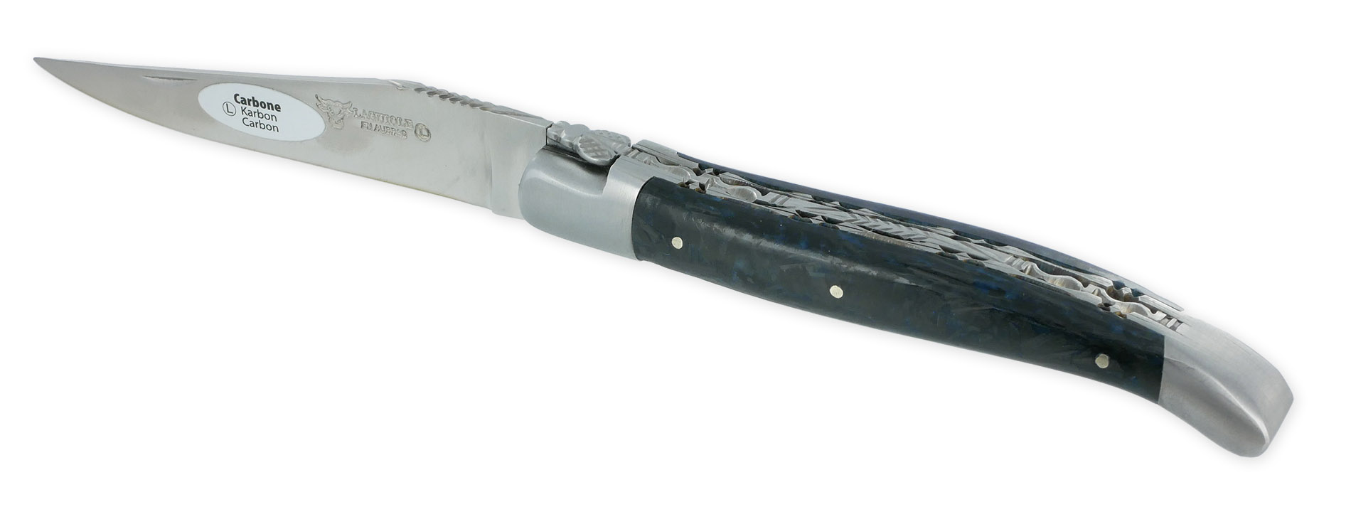 Couteau Laguiole En Aubrac 1 Piece 12 Cm Double Platines Carbone Paillete Bleu Nacre 2 Mitres Inox Brosse Lame Inox Brosse Num 1 01