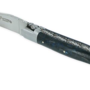Couteau Laguiole En Aubrac 1 Piece 12 Cm Double Platines Carbone Paillete Bleu Nacre 2 Mitres Inox Brosse Lame Inox Brosse Num 2 01