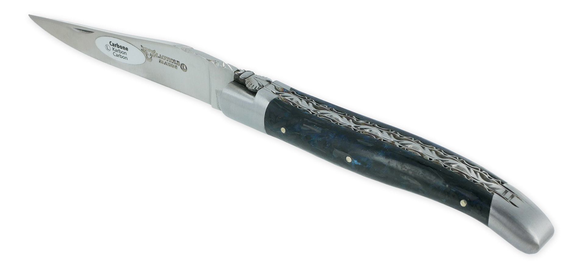 Couteau Laguiole En Aubrac 1 Piece 12 Cm Double Platines Carbone Paillete Bleu Nacre 2 Mitres Inox Brosse Lame Inox Brosse Num 2 01