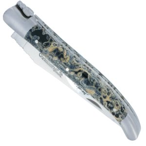 Couteau Laguiole En Aubrac 1 Piece 12 Cm Double Platines Et Ressort Guilloches Manche En Pierre De Lave Noire 2 Mitres Inox Brosse 00