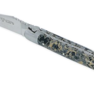 Couteau Laguiole En Aubrac 1 Piece 12 Cm Double Platines Et Ressort Guilloches Manche En Pierre De Lave Noire 2 Mitres Inox Brosse 02