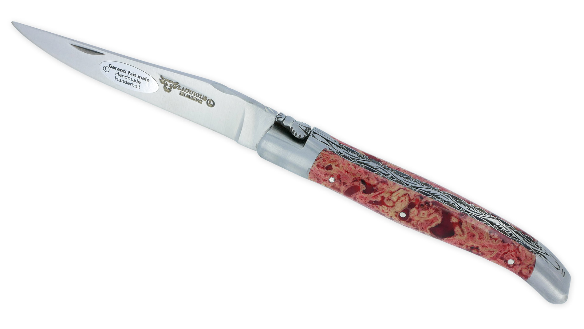 Couteau Laguiole En Aubrac 1 Piece 12 Cm Double Platines Et Ressort Guilloches Manche En Pierre De Lave Rouge 2 Mitres Inox Brosse Lame Inox Brosse 01