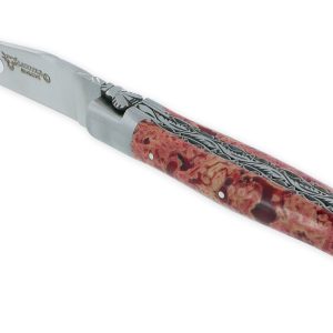 Couteau Laguiole En Aubrac 1 Piece 12 Cm Double Platines Et Ressort Guilloches Manche En Pierre De Lave Rouge 2 Mitres Inox Brosse Lame Inox Brosse 02
