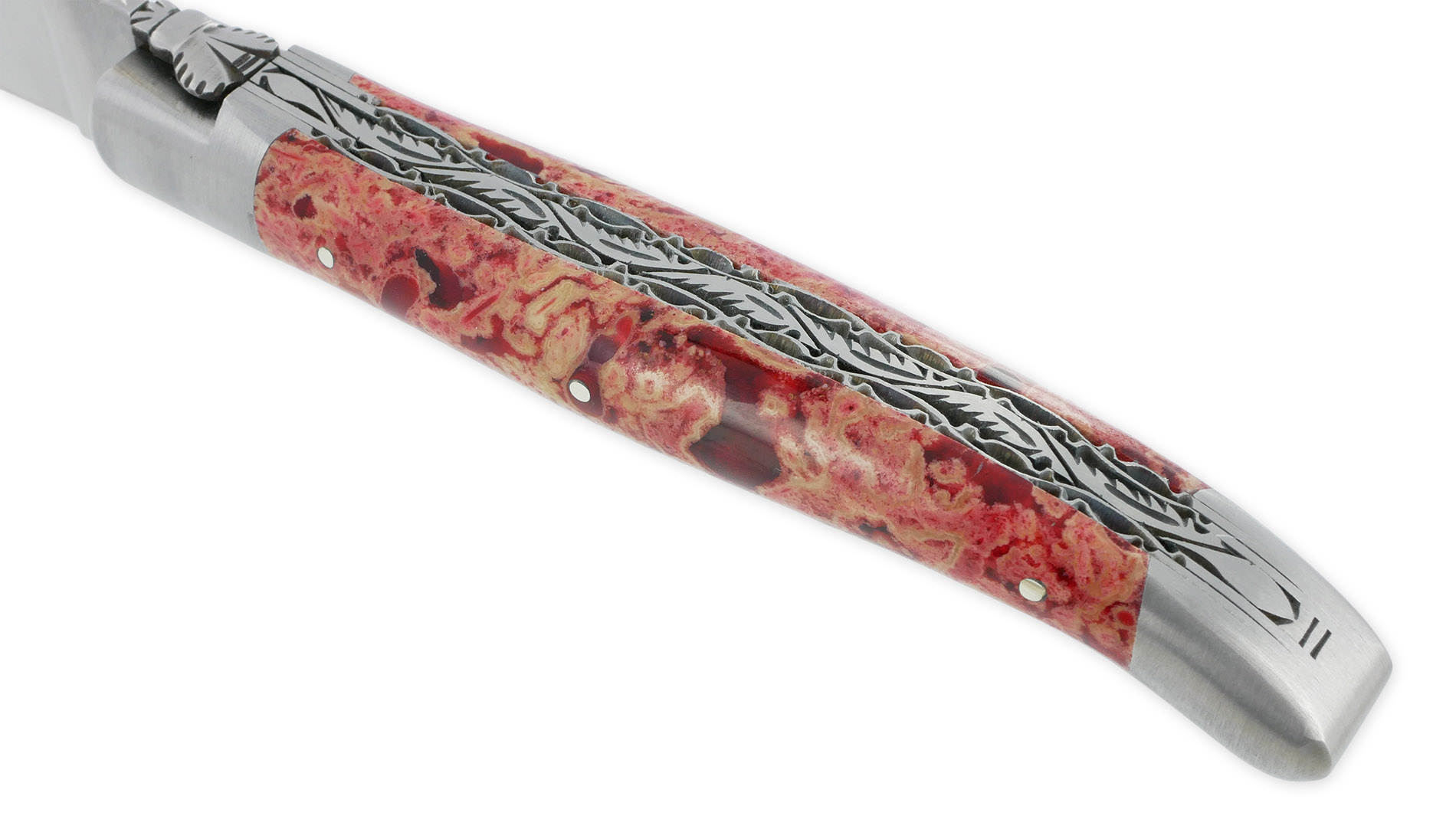 Couteau Laguiole En Aubrac 1 Piece 12 Cm Double Platines Et Ressort Guilloches Manche En Pierre De Lave Rouge 2 Mitres Inox Brosse Lame Inox Brosse 03