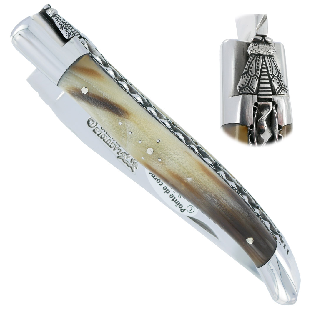Couteau Laguiole En Aubrac 1 Piece 12 Cm Double Platines Guillochees Pointe De Corne Flammee 2 Mitres Inox Brillant Ressort Spiral Mouche Prestige N6 00