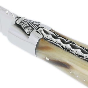 Couteau Laguiole En Aubrac 1 Piece 12 Cm Double Platines Guillochees Pointe De Corne Flammee 2 Mitres Inox Brillant Ressort Spiral Mouche Prestige N6 04