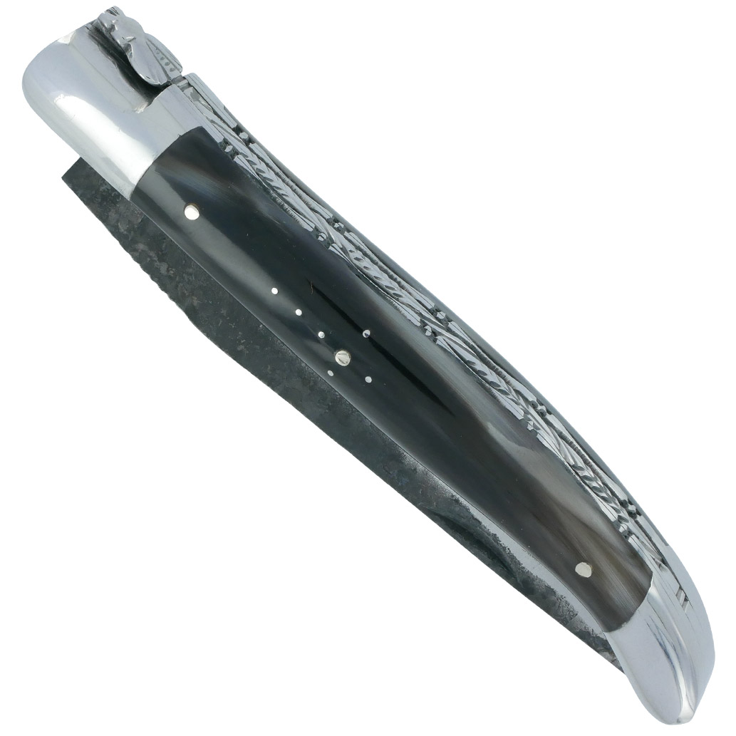 Couteau Laguiole En Aubrac 1 Piece 12 Cm Double Platines Pointe De Corne Foncee 2 Mitres Inox Brillant Lame Brut De Forge Num 2 00