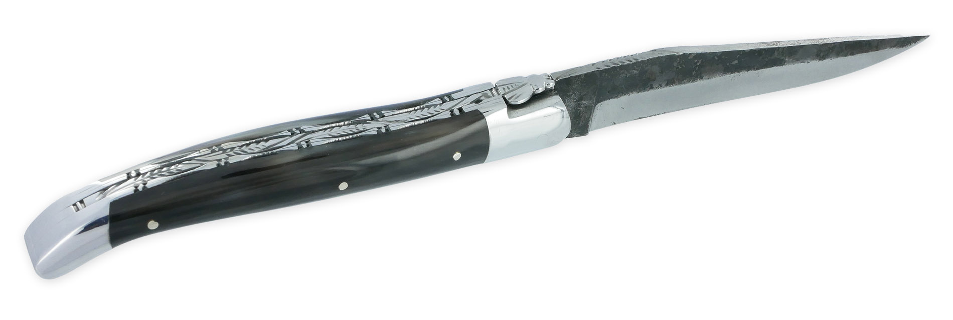 Couteau Laguiole En Aubrac 1 Piece 12 Cm Double Platines Pointe De Corne Foncee 2 Mitres Inox Brillant Lame Brut De Forge Num 2 03