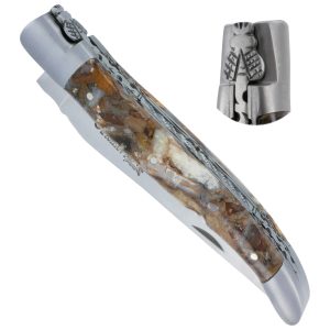 Couteau Laguiole En Aubrac 1 Piece 12 Cm Fusion Double Platines Et Ressort Guilloches Manche En Mammouth Stabilise Finition Brossee Num1 00