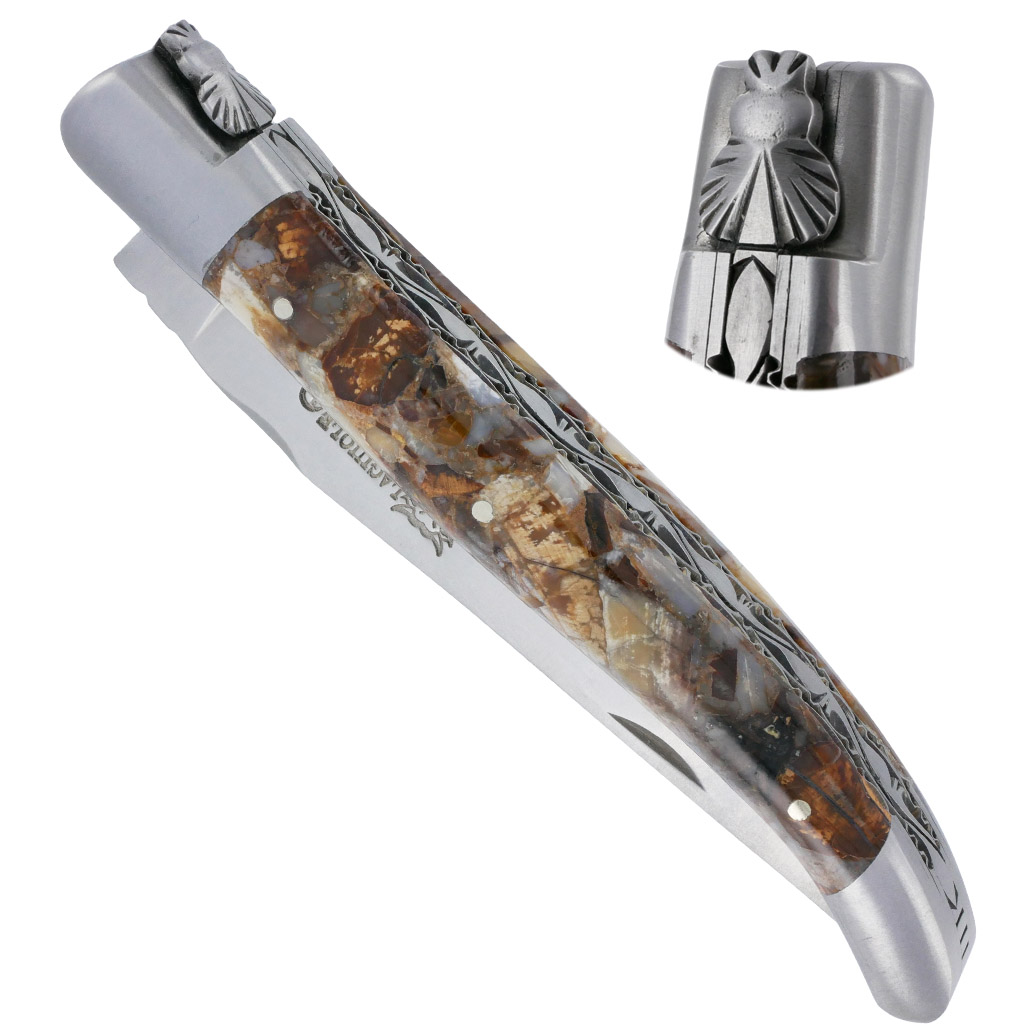 Couteau Laguiole En Aubrac 1 Piece 12 Cm Fusion Double Platines Et Ressort Guilloches Manche En Mammouth Stabilise Finition Brossee Num2 00