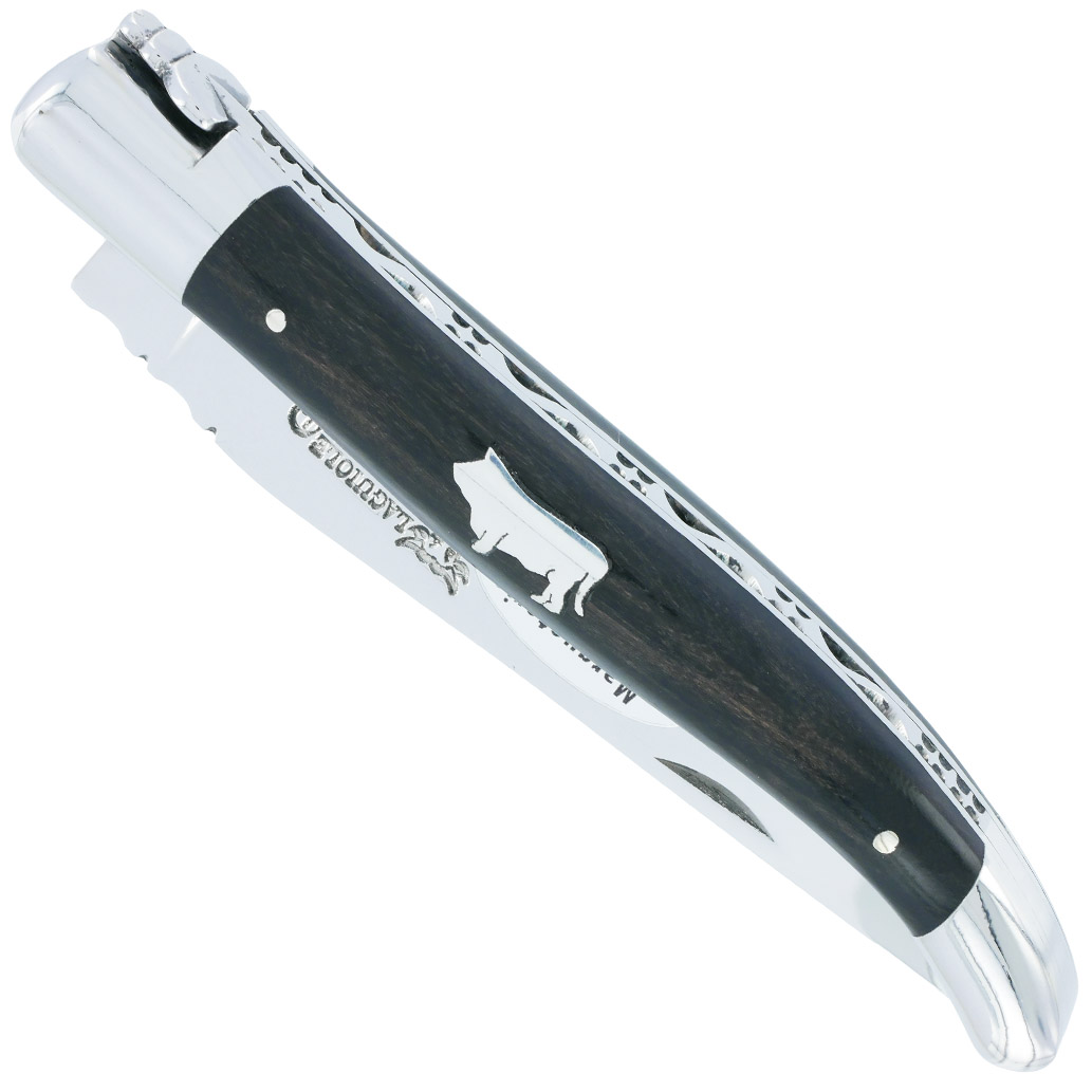 Couteau Laguiole En Aubrac 1 Piece 12 Cm Manche Ebene Marqueterie Taureau Etain 2 Mitres Inox Brillant 00