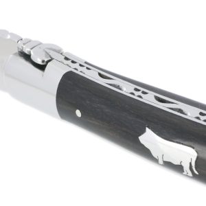 Couteau Laguiole En Aubrac 1 Piece 12 Cm Manche Ebene Marqueterie Taureau Etain 2 Mitres Inox Brillant 02