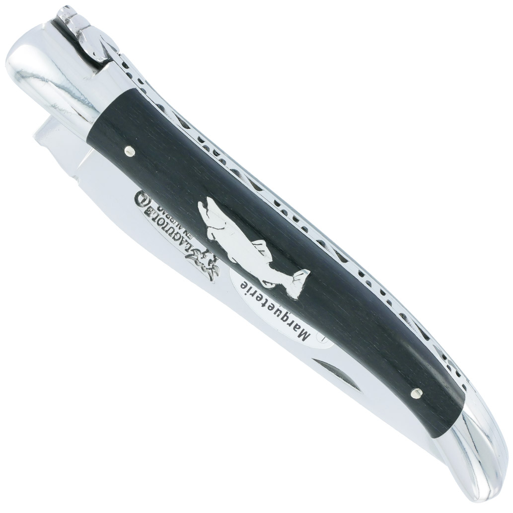 Couteau Laguiole En Aubrac 1 Piece 12 Cm Manche Ebene Marqueterie Truite En Etain 2 Mitres Inox Brillant 00