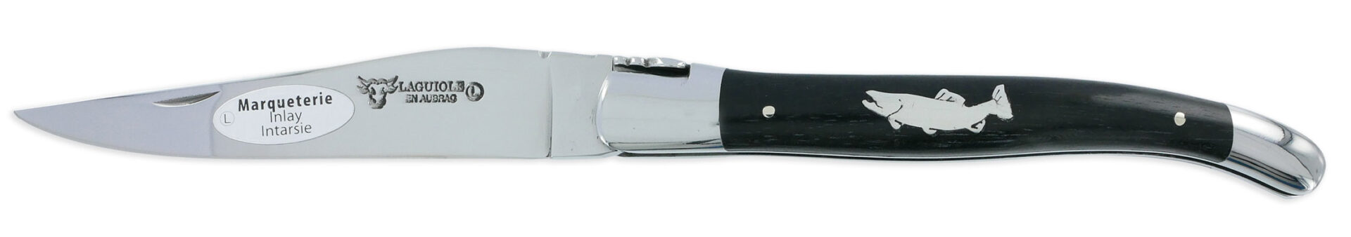 Couteau Laguiole En Aubrac 1 Piece 12 Cm Manche Ebene Marqueterie Truite En Etain 2 Mitres Inox Brillant 01