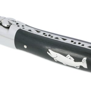 Couteau Laguiole En Aubrac 1 Piece 12 Cm Manche Ebene Marqueterie Truite En Etain 2 Mitres Inox Brillant 02