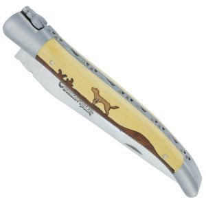 Couteau Laguiole En Aubrac 1 Piece 12 Cm Manche Marqueterie Chien Genevrier Et Buis 2 Mitres Inox Brosse 00