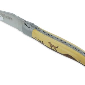 Couteau Laguiole En Aubrac 1 Piece 12 Cm Manche Marqueterie Chien Genevrier Et Buis 2 Mitres Inox Brosse 01